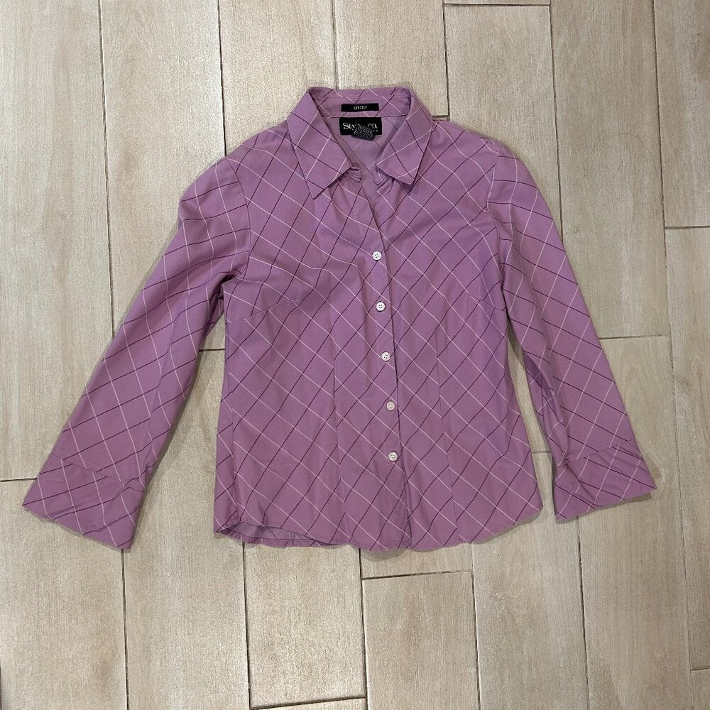 Style & Co. Petite Lilac Diamond Check Jacquard 34 Sleeve Button Top Blouse 6P C